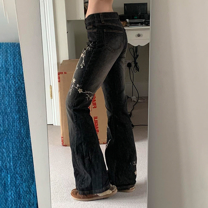 Retro Chinese Plant Flower Embroidery Washed Wear-white Low Waist Straight Skinny Jeans