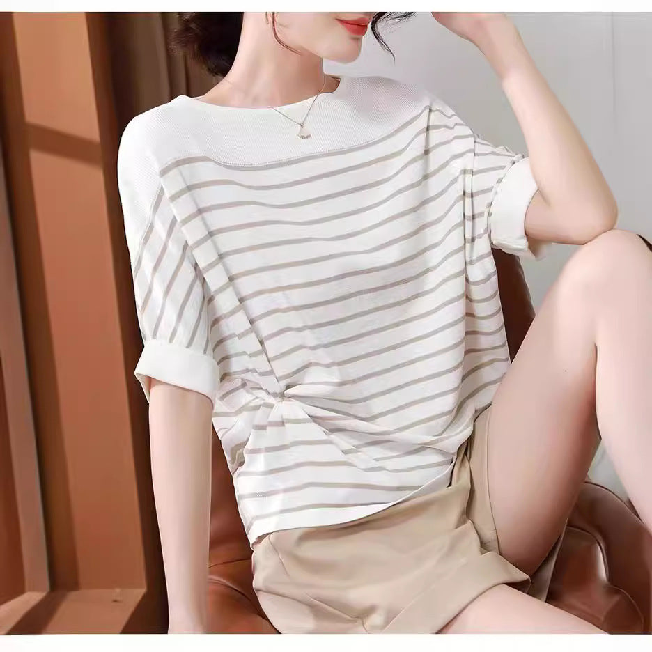 Women's Off-neck Ice Silk Short Sleeve Knitwear All-match Loose Striped Top