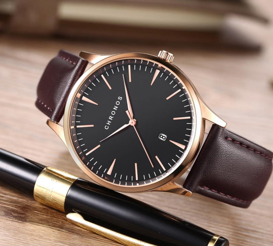 Men's Business Watch Vacuum Plating Stainless Steel Leather Strap Calendar Waterproof Watch