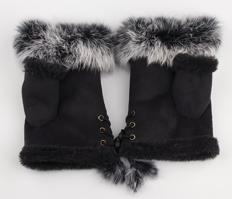 Winter warm rabbit hair Half Finger Gloves