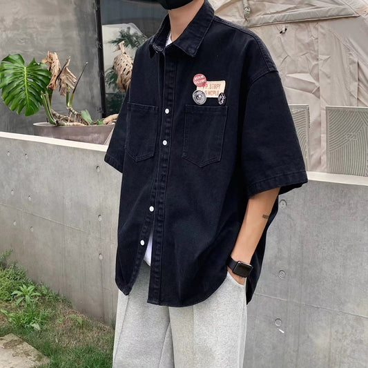 Denim Short Sleeve Lapel Youth Popularity Art Blouse