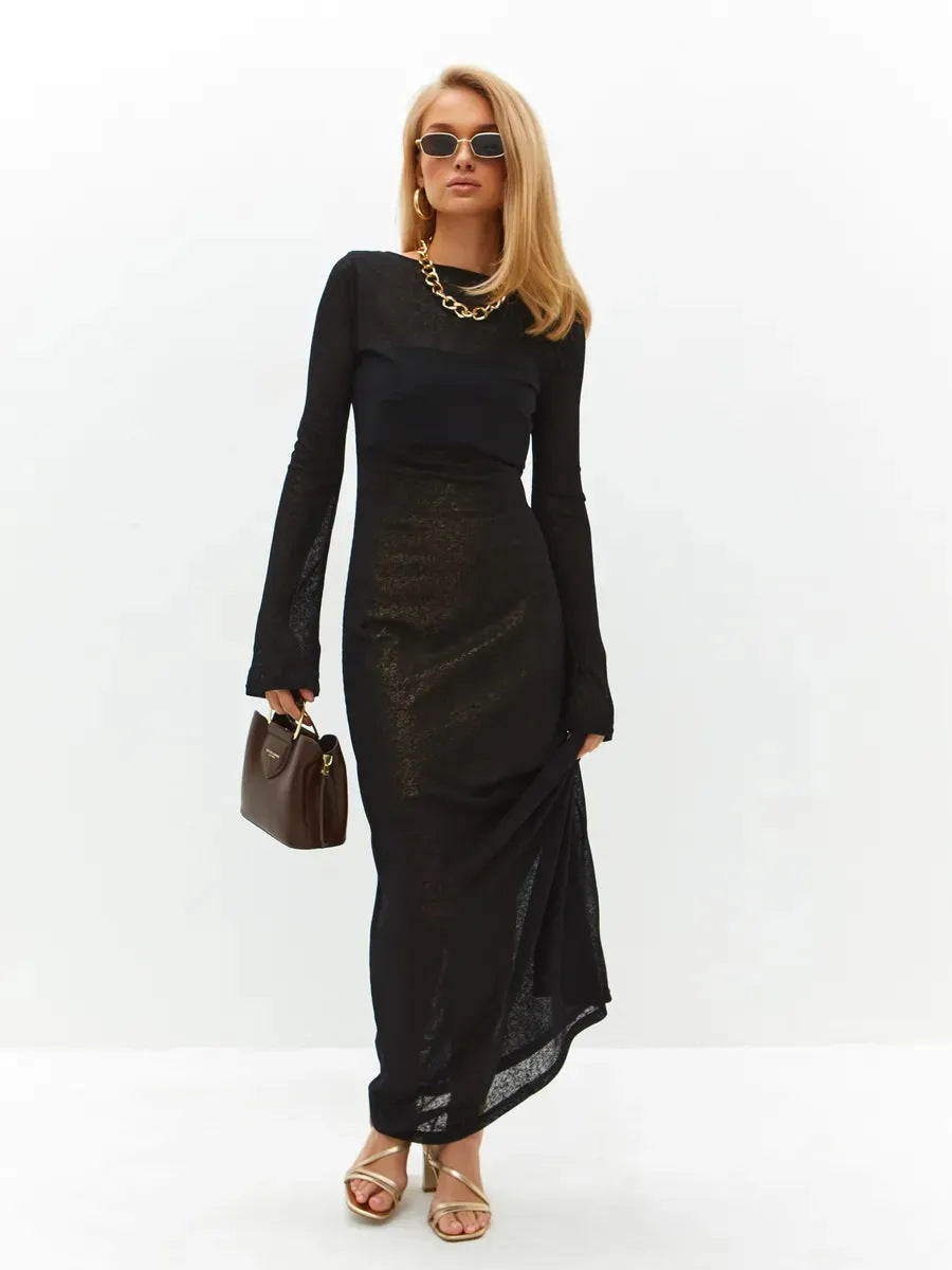 Long Sleeve Solid Color Round Neck Beach Dress