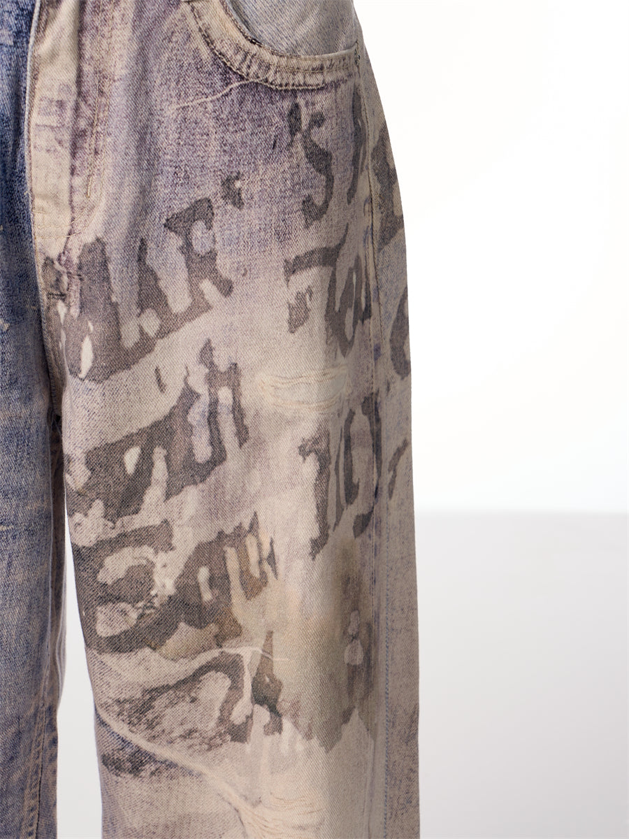 Printing Gradient Letter Printed Jeans Long Pants 3D