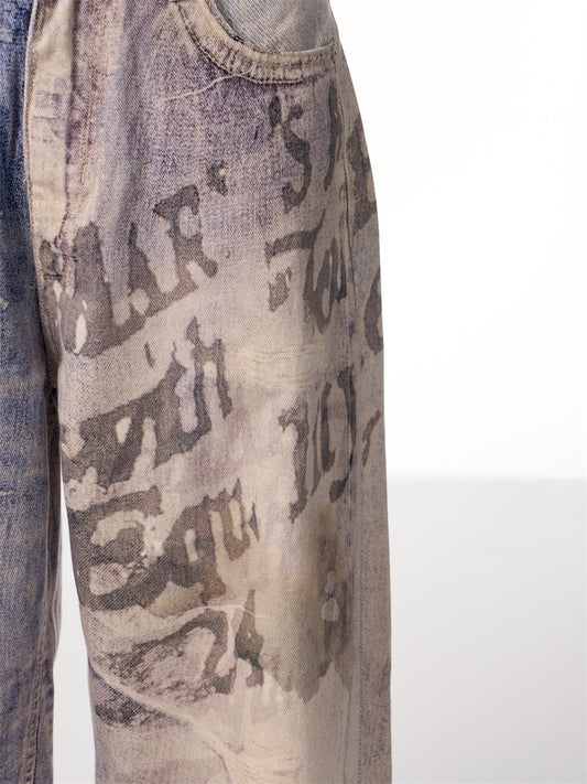 Printing Gradient Letter Printed Jeans Long Pants 3D