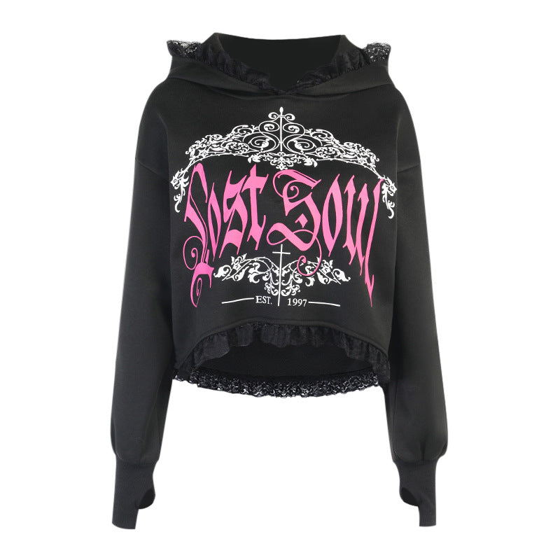Women's Dark Style Lace Hooded Trendy Printed Sweatshirt