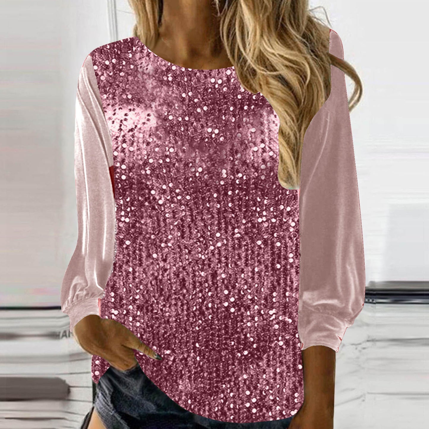 European And American Women's Clothing Casual Round Neck Long Sleeve Pullover Loose Sequins Top