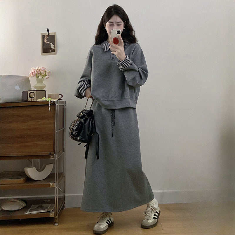 Large Size Gray False Two-piece Sweaters Skirt Two-piece Set For Women