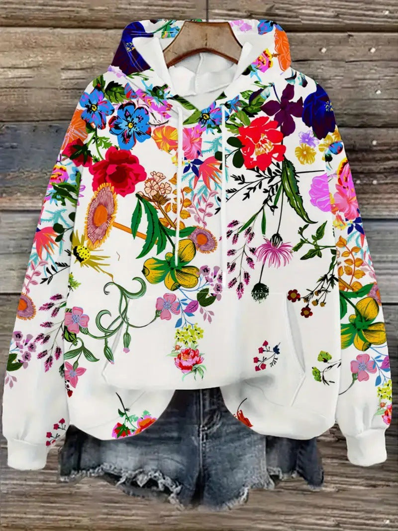Printet Casual Street-Style Hættetrøje til Kvinder med Løs Pasform