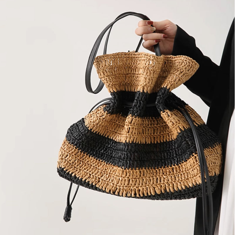 Women's Striped One Shoulder Braided Straw Bag