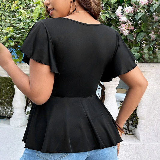 Slimming Hem Short Sleeve Sexy Deep V-neck Waist-cinching T-shirt