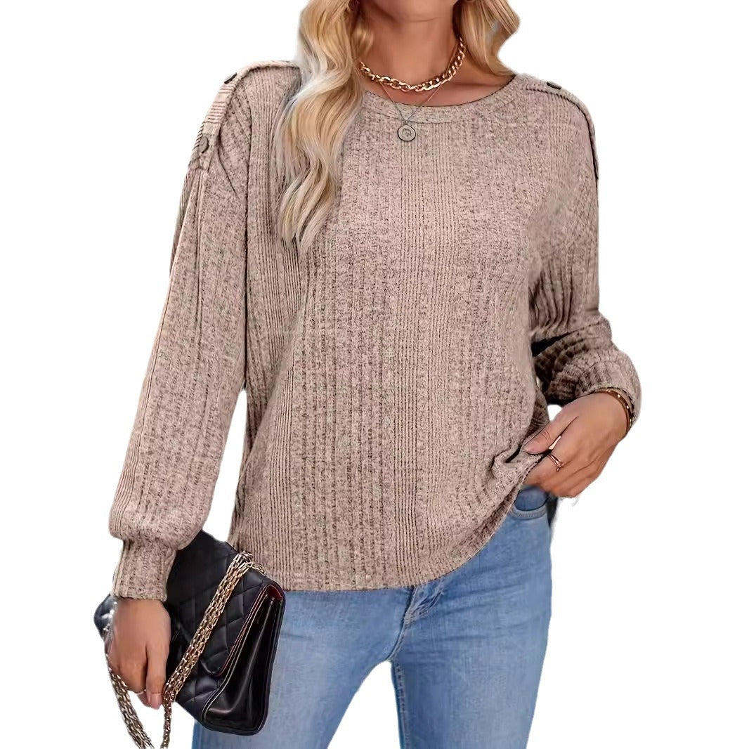 Solid Color Round Neck Fastener Decorative Long Sleeve Top