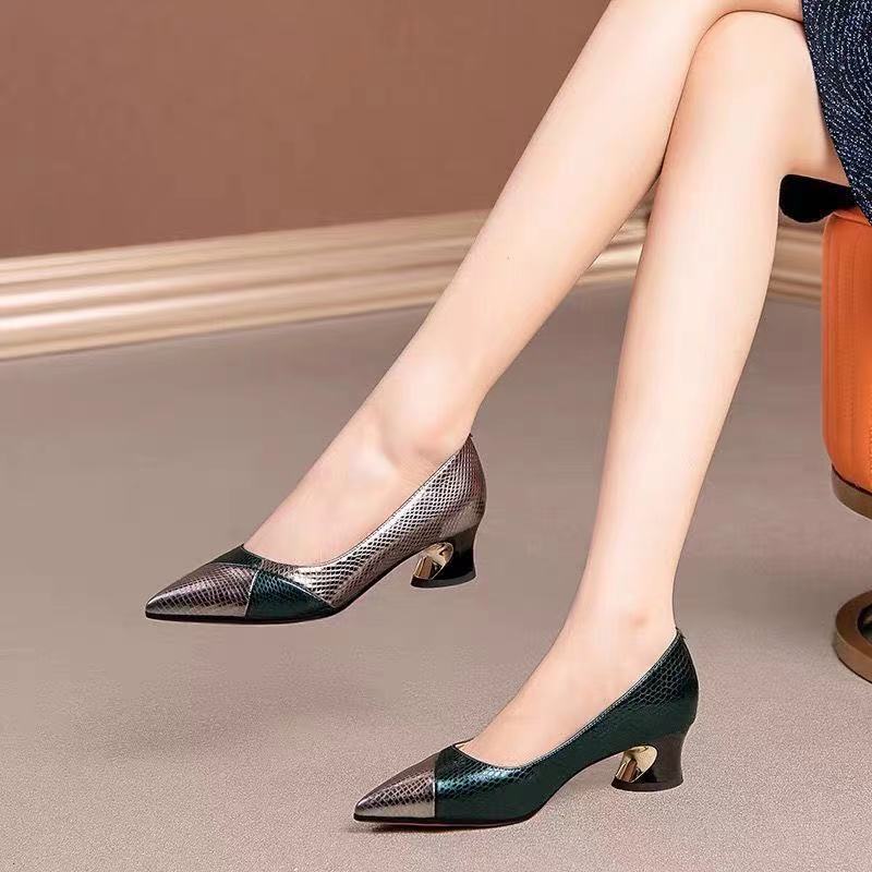 Thick Heels With Color Matching Low-heel Pointed Toe Shoes Women's Mid-heel