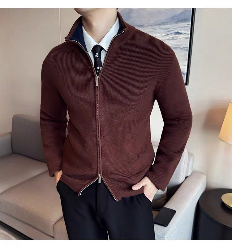 Cardigan Striped Thick Knitwear Autumn Winter Trend Slim Stand Collar Coat