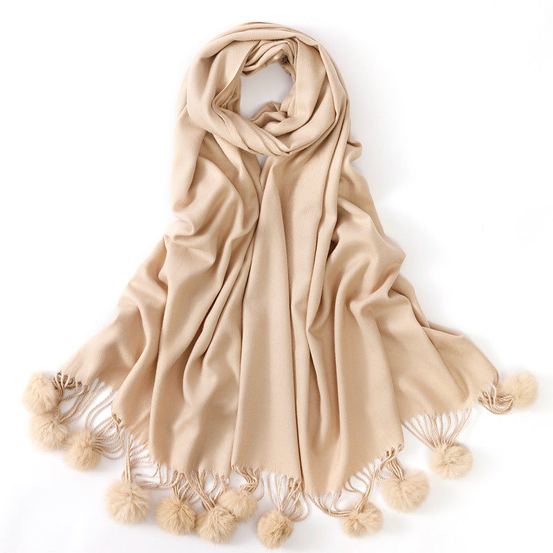 Pure color rabbit fur ball cashmere scarf