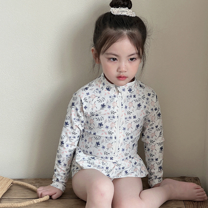 Girls' Long-sleeved Floral One-piece Swimsuit