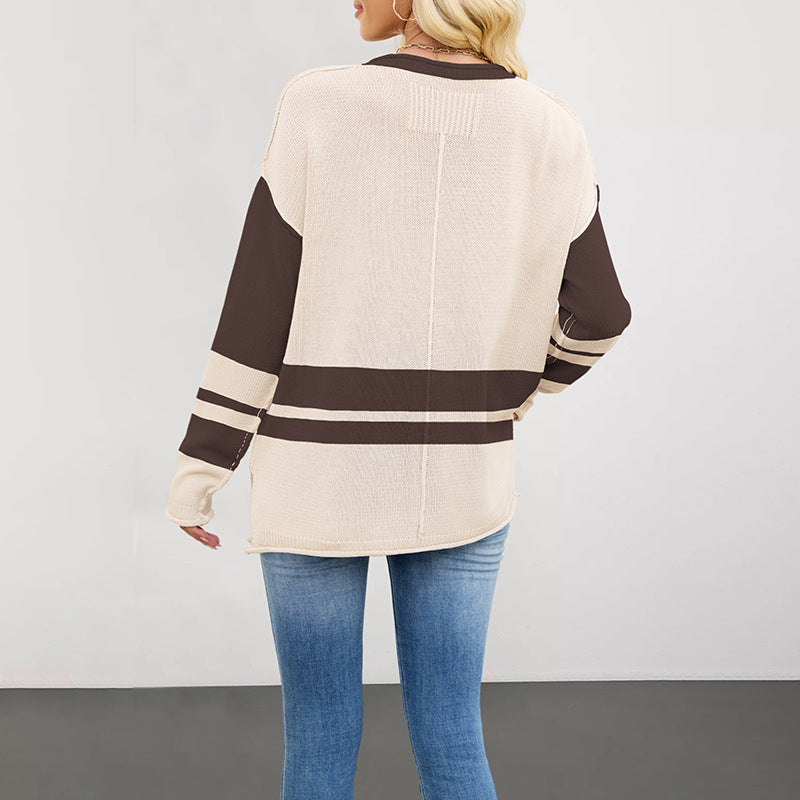 Color-block Crew Neck Loose Versatile Jumper