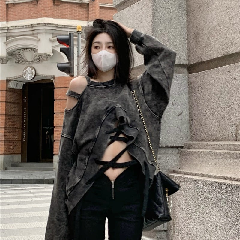 Women's Sloping Shoulder American Style Hollow Strap Loose Pullover