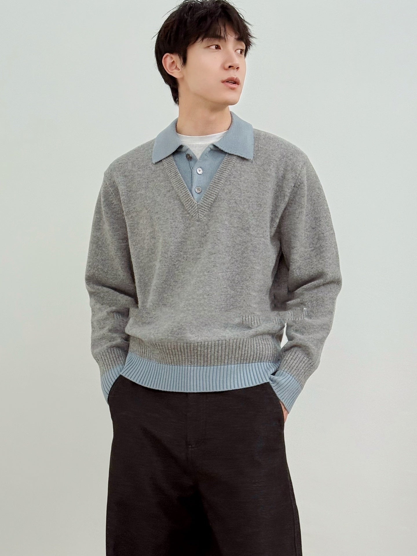 Two-piece-style Sweater With A Contrasting-color Lapel Neckline
