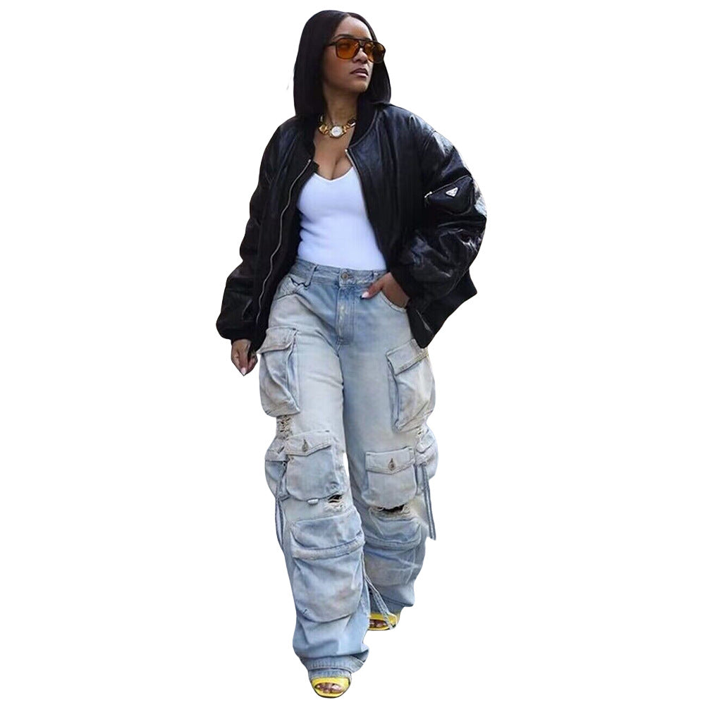 Ladies New Denim Stereo Multi-pocket Trousers