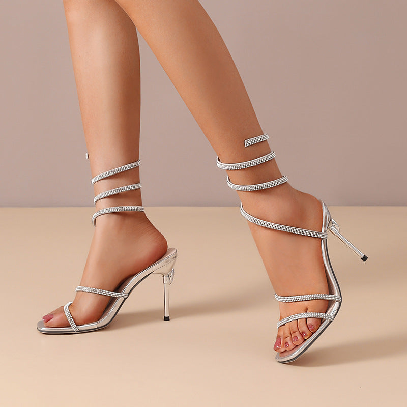 Rhinestone Snake-shaped Winding Tape Hollow Stiletto Heel High Heel Sandals