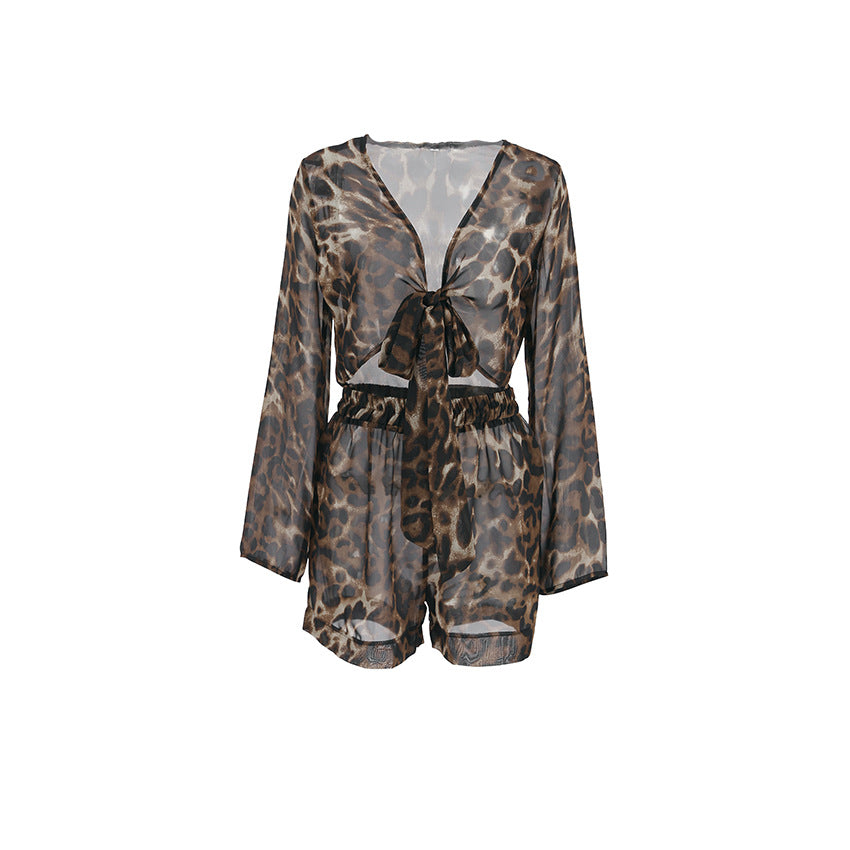 Printed Leopard-Print Outerwear Long-Sleeve Shorts Pajama Two-Piece Set