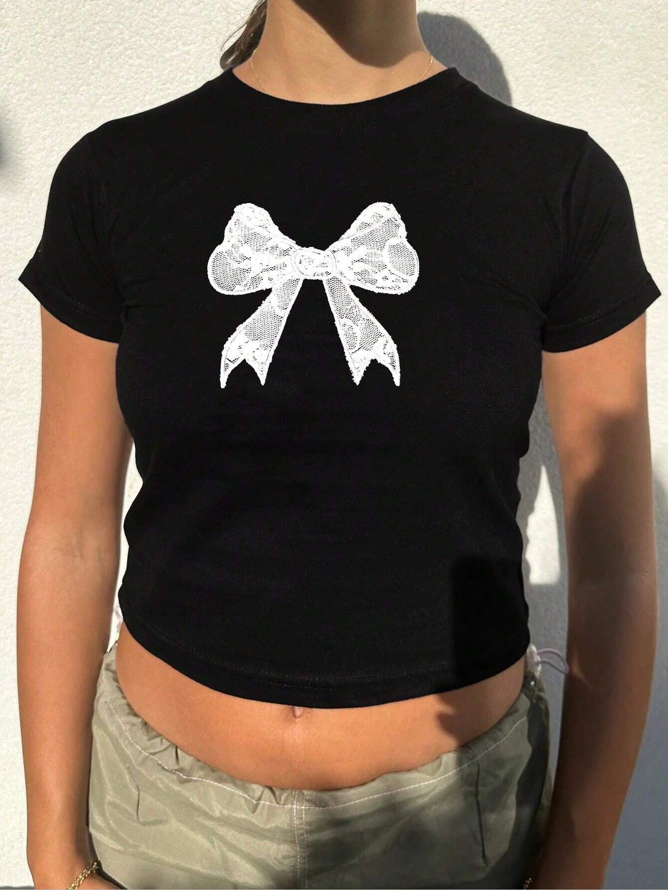 Womens Preppy-Style Bow-Knot Midriff-Baring T-Shirt Top