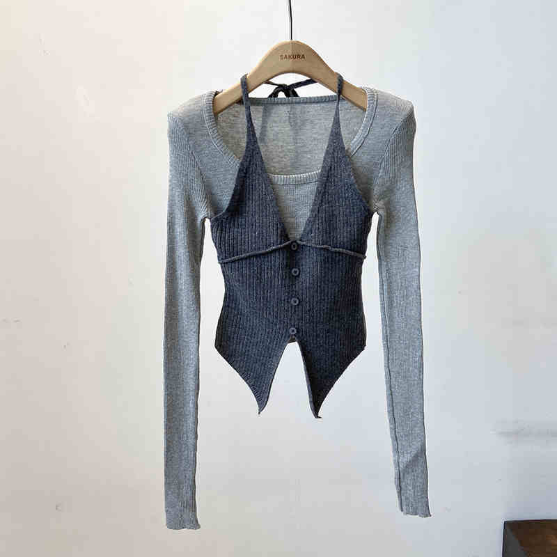 Halter False Two-piece Patchwork Long Sleeve Knitwear T-shirt Top