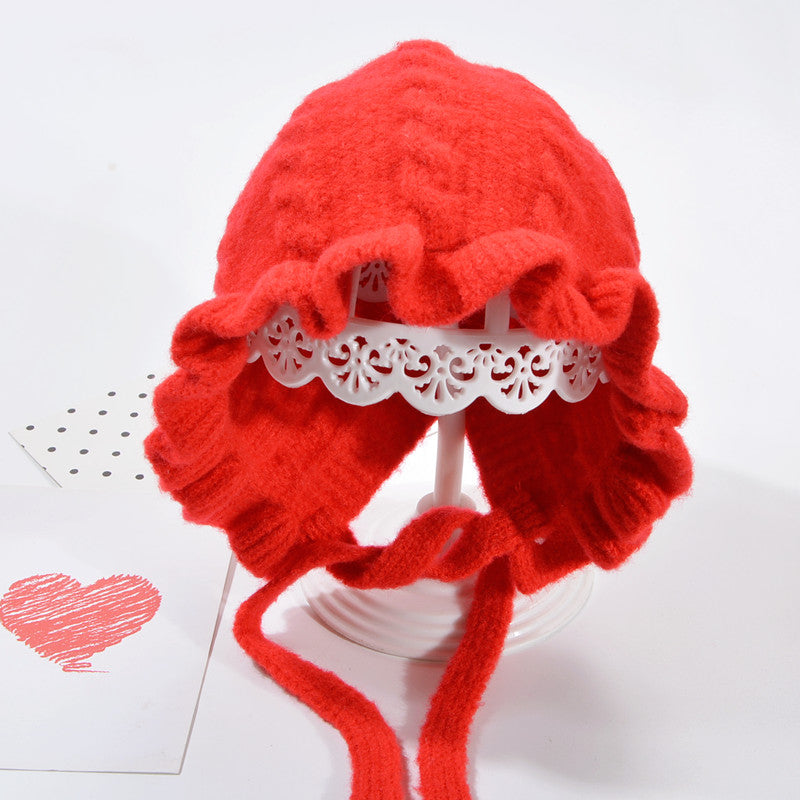 Baby Princess Lace Ear Protection Knitted Warm Wool Hat
