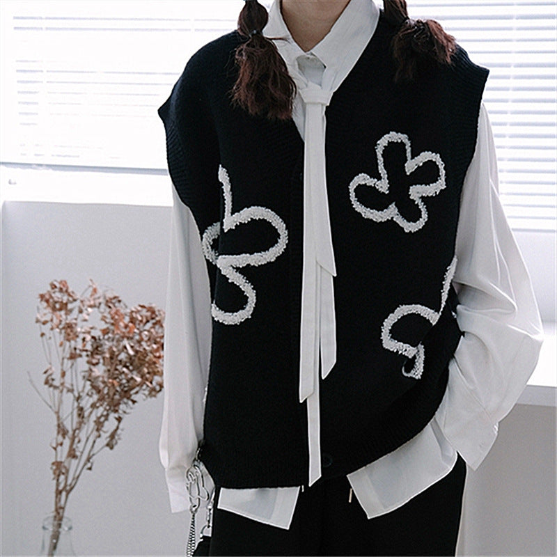 V-neck Cardigan Black Sleeveless Vest Korean Style