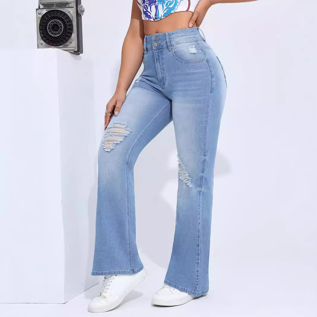 Women's High Elastic Hole Slim Fit All-match Denim Trousers