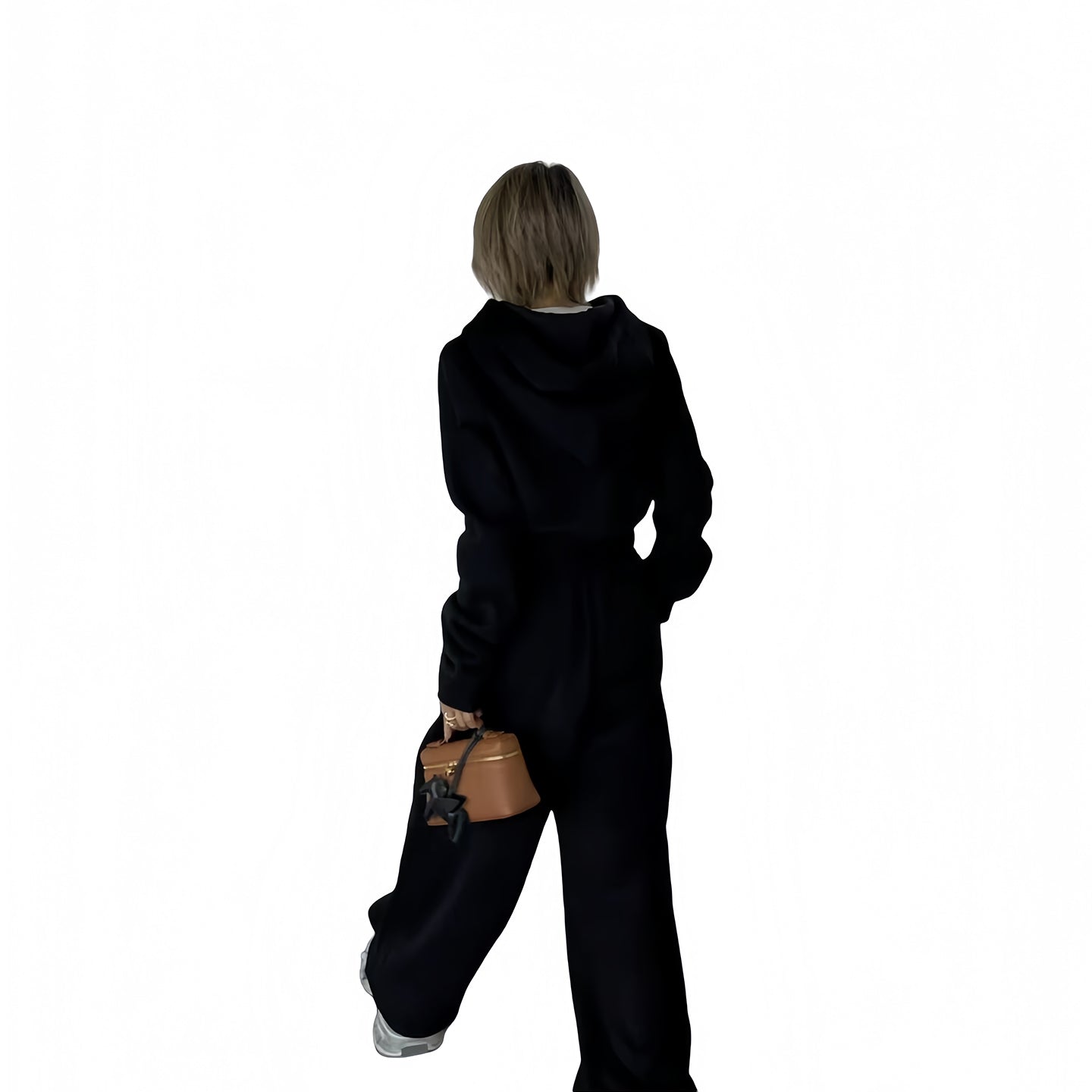Slim-fit Fleece-lined Hooded Double Zipper Sweater Coat And Trousers Two-piece Set