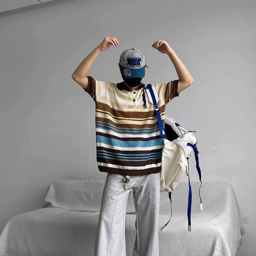 Men's Japanese Loose Striped Lapel Knitted Polo Shirt