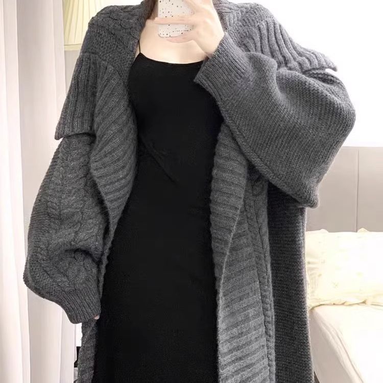 Design Mid-length Large Lapel Idle Style Knitted Cardigan Sweater