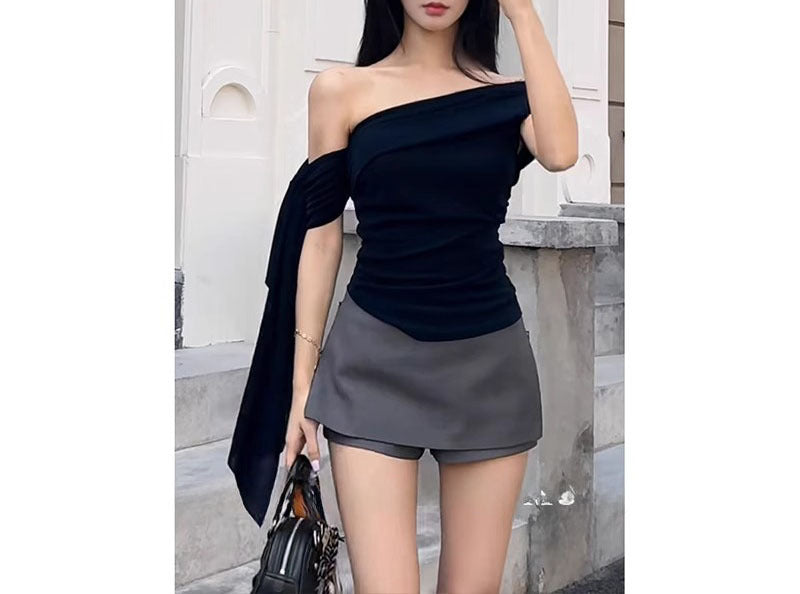Navy Blue Ribbon Off-shoulder Short Sleeve