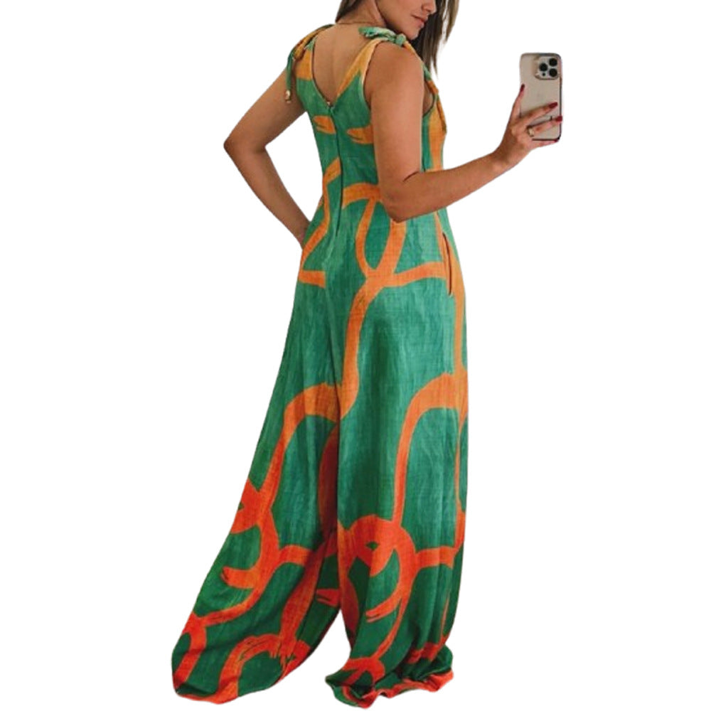 Printed V-neck Lace-up Jumpsuit Pocketed Vest-style Wide-leg Romper