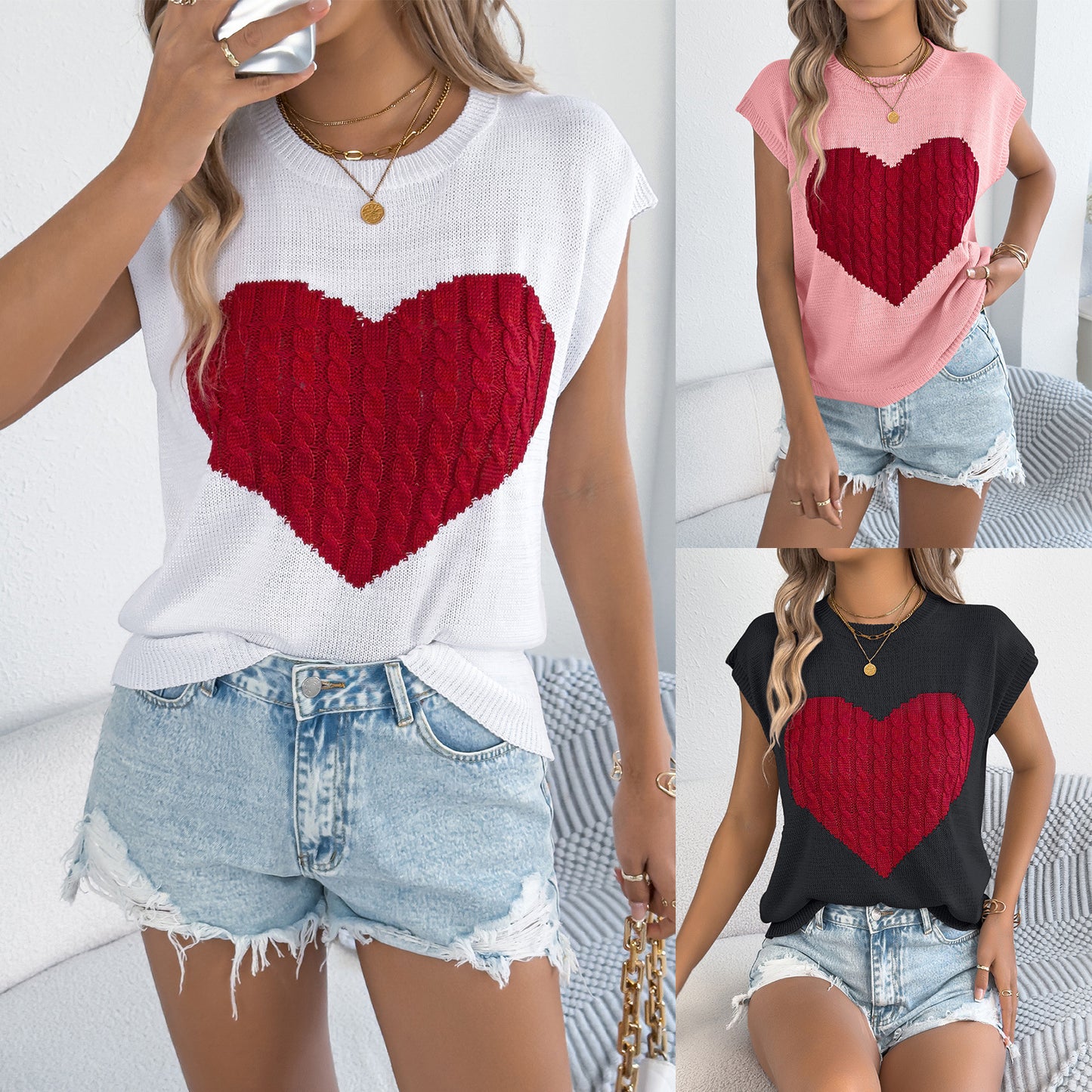Women's Color-blocked Love Casual Loose Knit Sweater Top