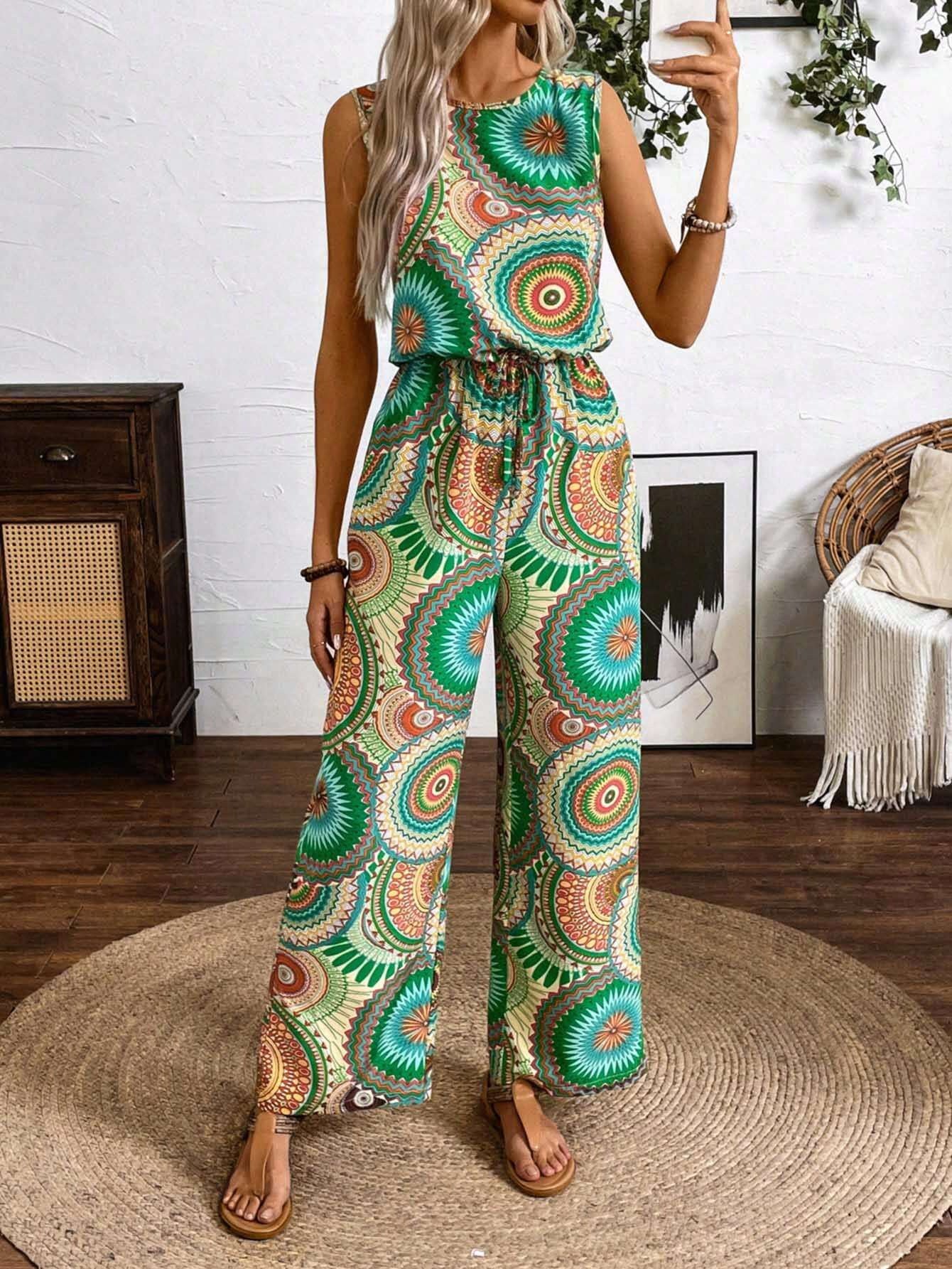 Dame jumpsuit med print, ærmeløs og lige snit