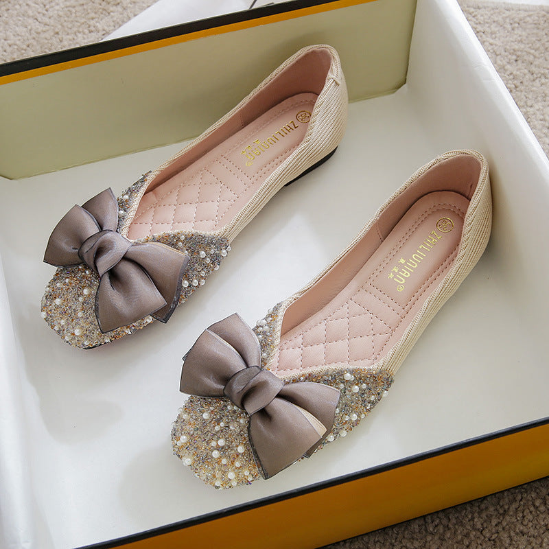 Women's Square Toe Flat Bow Shallow Mouth Shoes