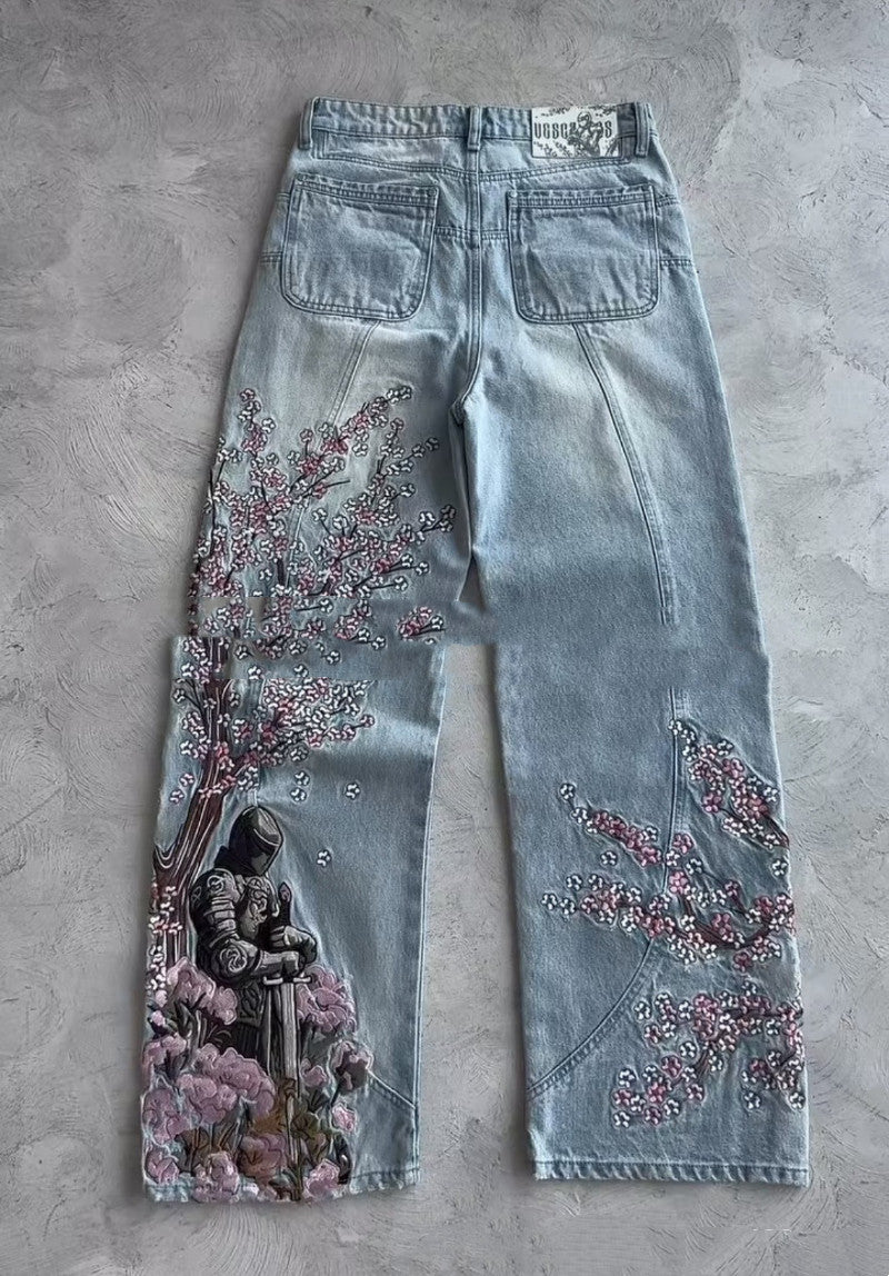 Digital-print Floral Faux Denim Straight-leg Floor-length Pants 3D
