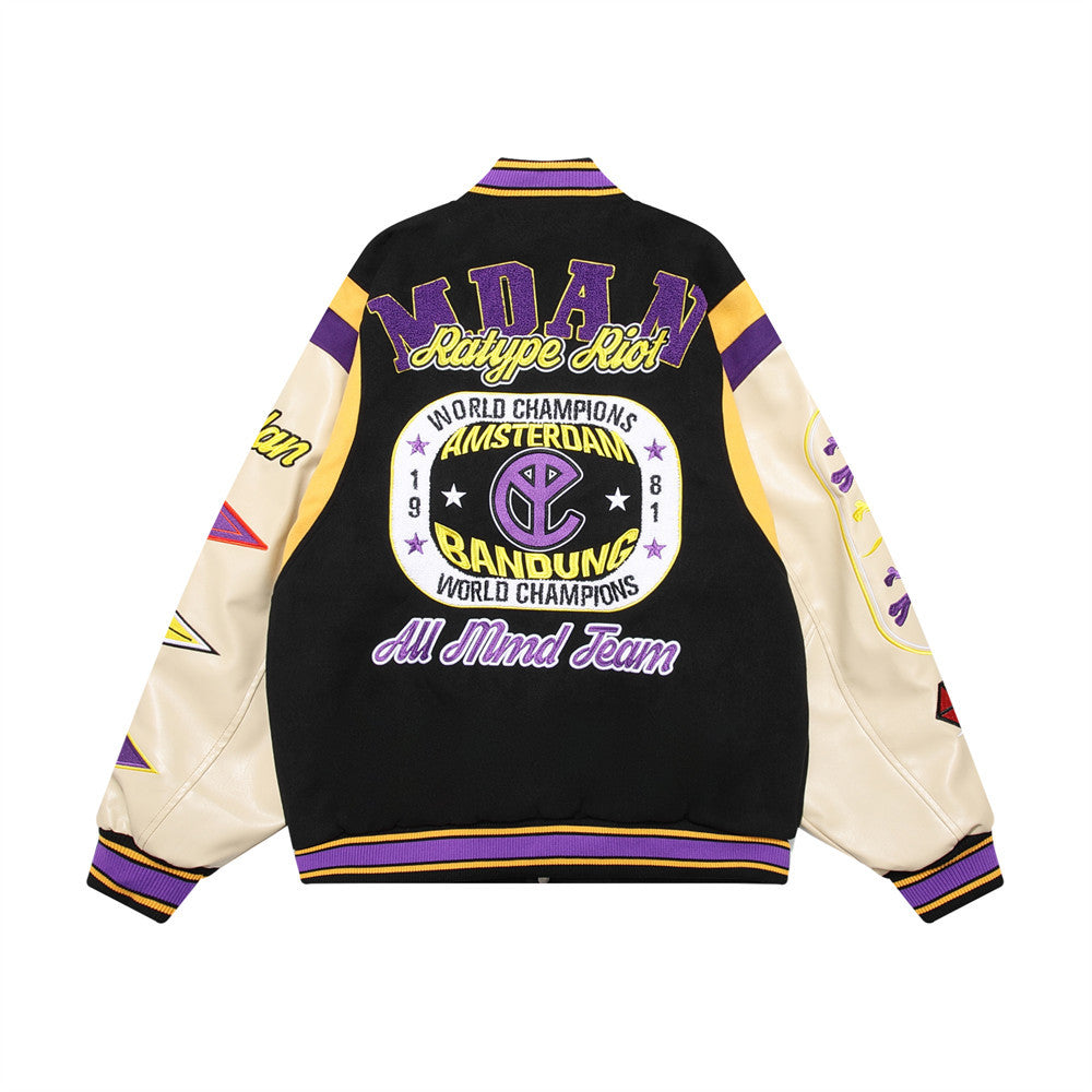 Letter Machine Embroidery Baseball Uniform Men's Hip Hop Stitching PU Leather Jacket