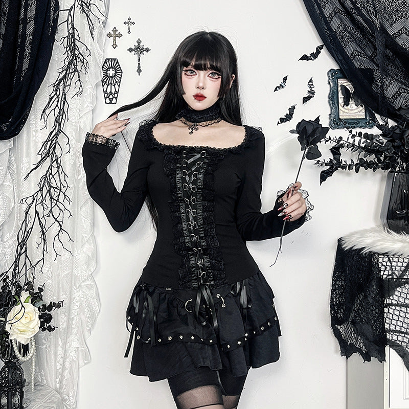 New Dark Temperament Buckle Lace Trim Autumn And Winter Inner Top