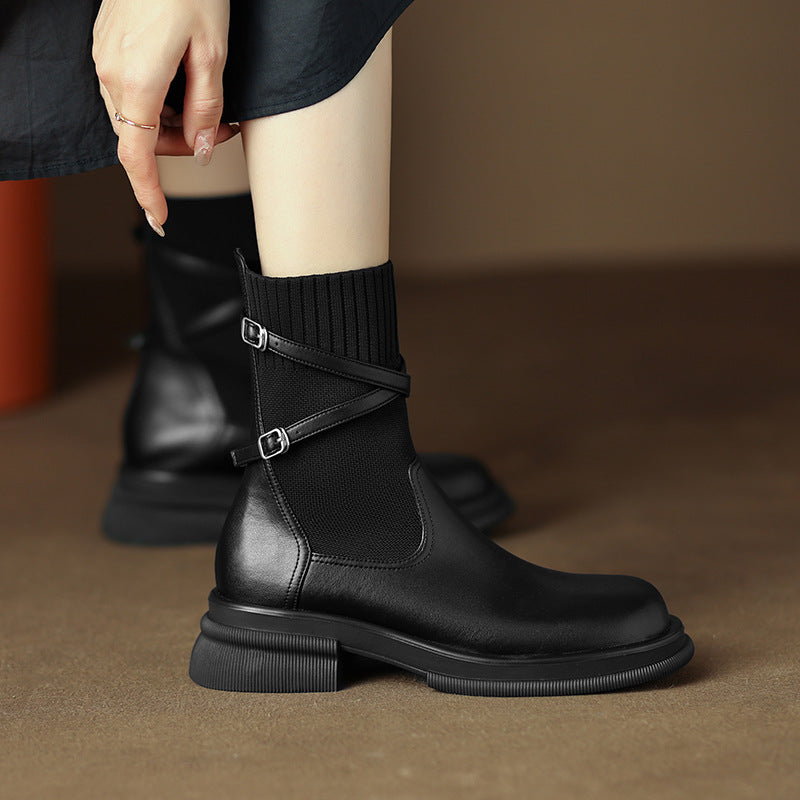 Thick Bottom Chunky Heel Real Soft Leather Round Toe Retro Socks Boots For Women