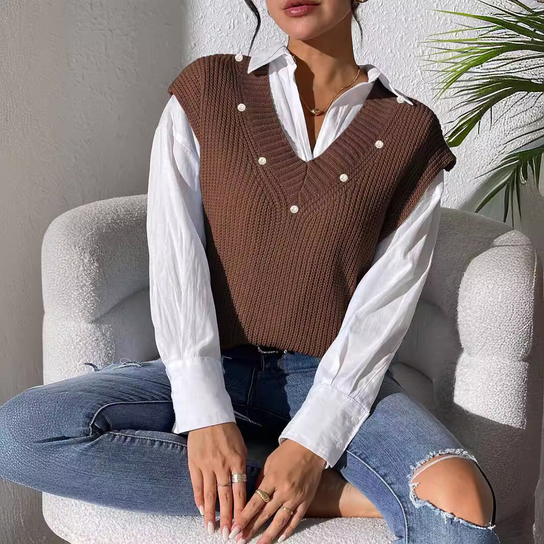 New V-neck Simple Pearl Beaded Woven Sweater Vest