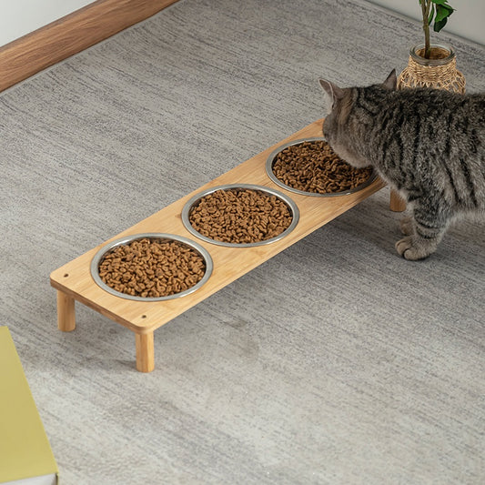 Pet Bowl Dog Food Pot Anti-tumble Large Stainless Steel Bamboo Frame Combination