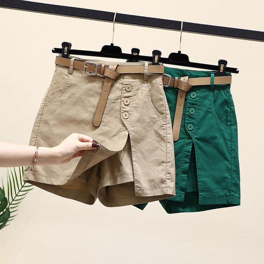 Summer New Button High Waist With Belt Cotton Shorts For Women