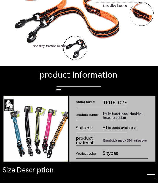 Pet Dog Multi-functional Hand Holding Rope Double-headed Outdoor Chain Crossbody Polyester Reflective