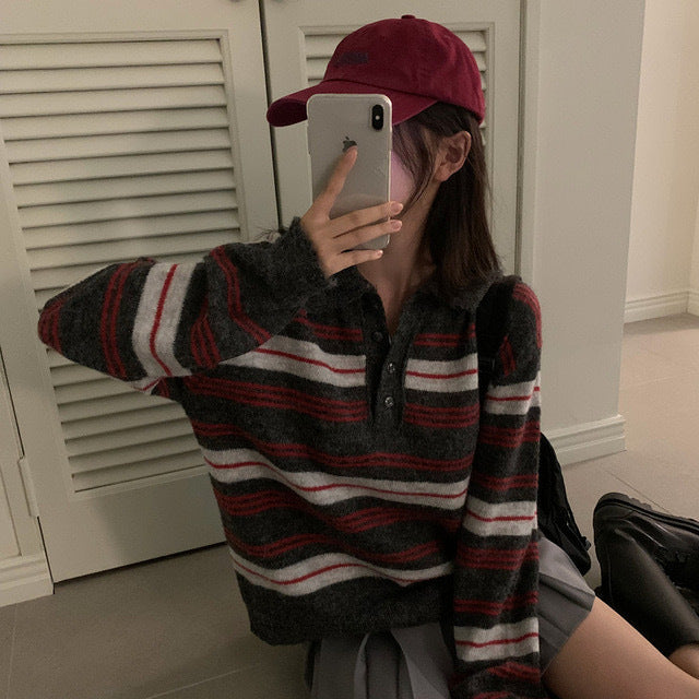 Contrast Color Loose Long Sleeve Striped Sweater Sweater