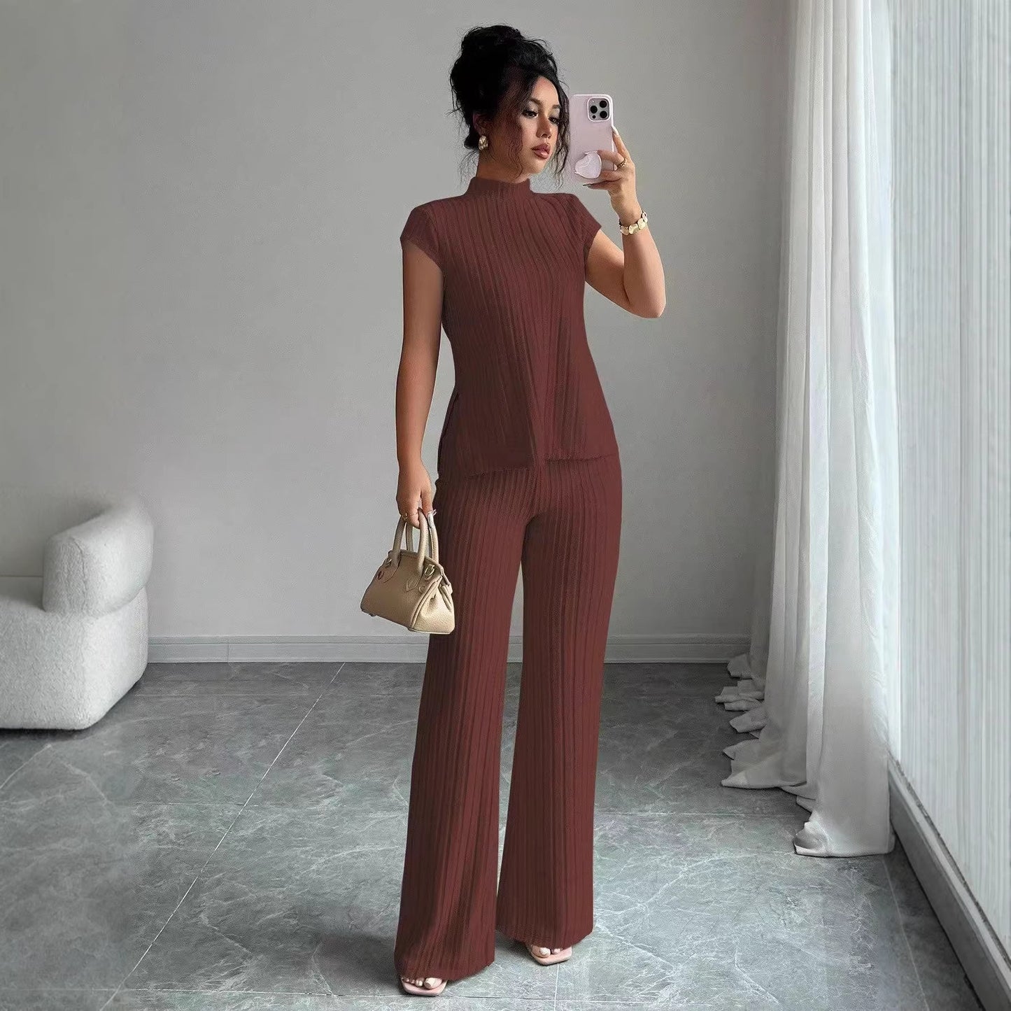 Solid-color Short-sleeve Top And Ribbed Casual Pants Set