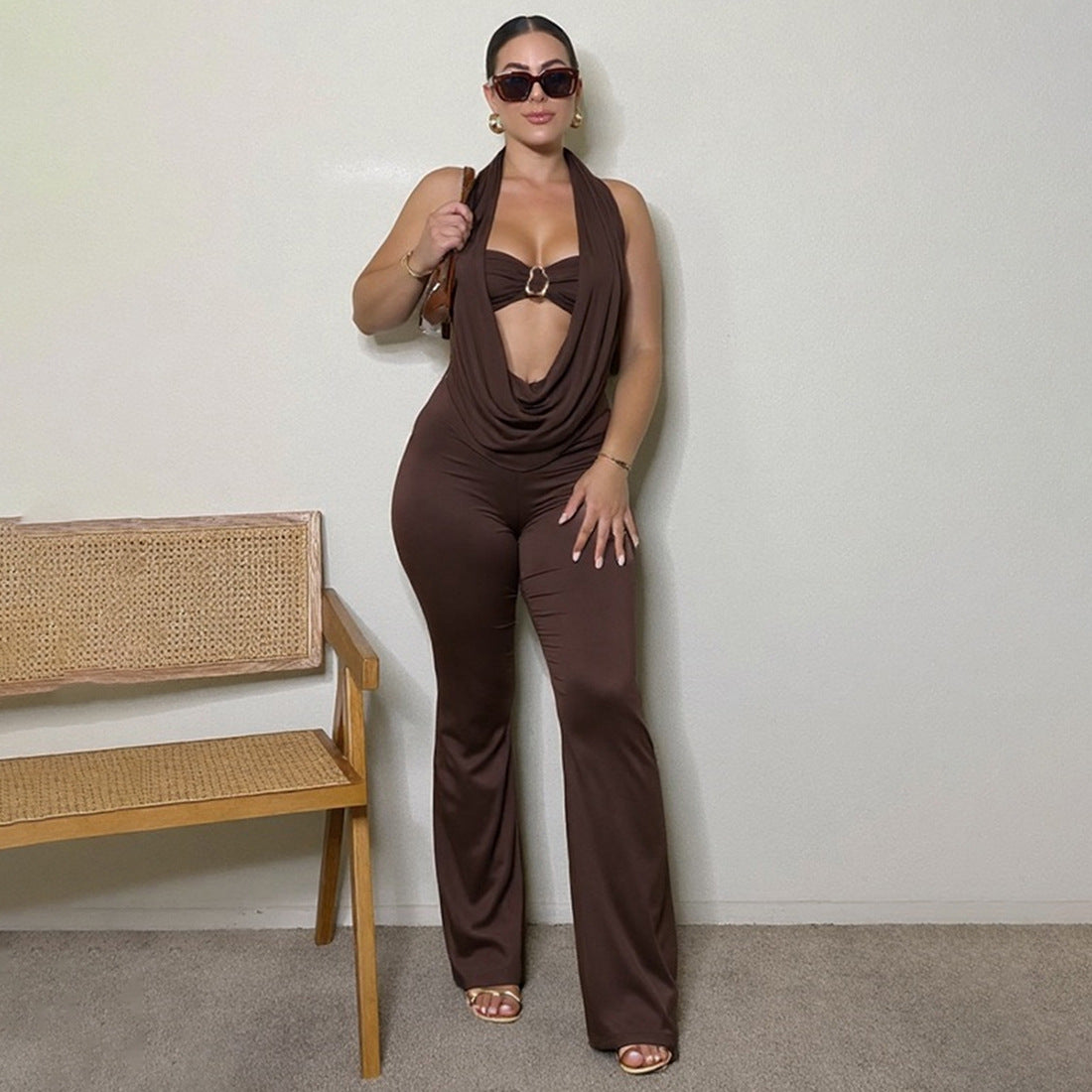 New Autumn Off-the-Shoulder Halter Deep V-Neck Backless Jumpsuit
