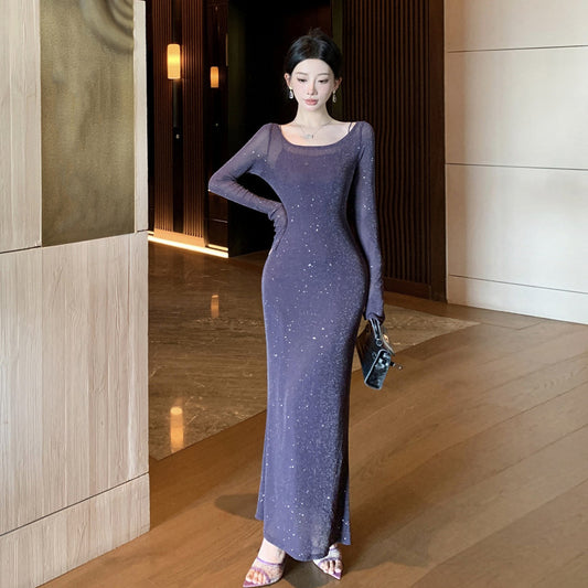 Womens Off-the-Shoulder Dress And Shiny Silk Blouse Two-Piece Set